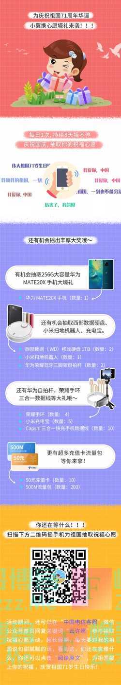 中国电信客服中秋遇到国庆，华为手机、小米扫地机器人…（10月8日截止）