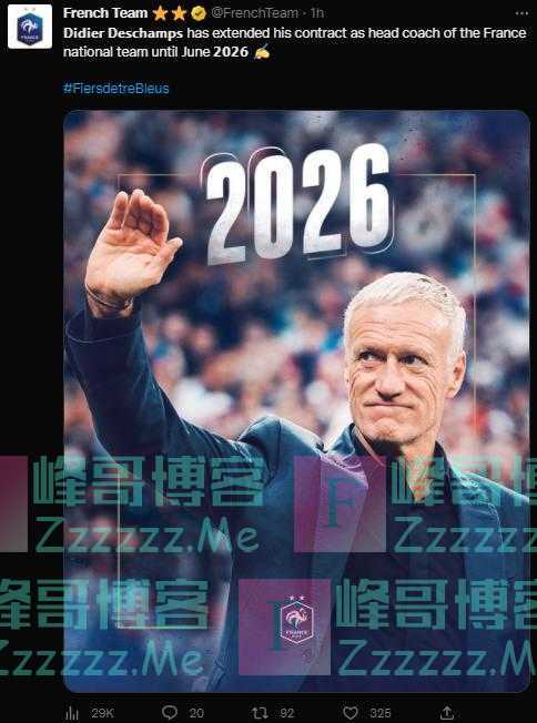 外媒：法国队主帅德尚续约至2026年，将带队至下届世界杯