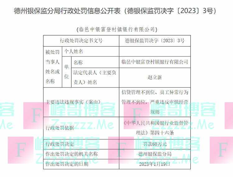 严重违反审慎经营规则 临邑中银富登村镇银行被罚60万元
